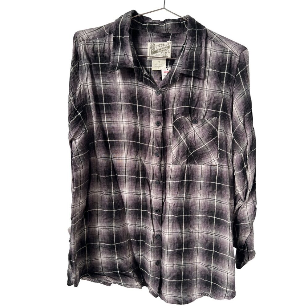 Overdrive Plaid Button Down Shirt Womens XL Black White Rayon Western Ranch NEW